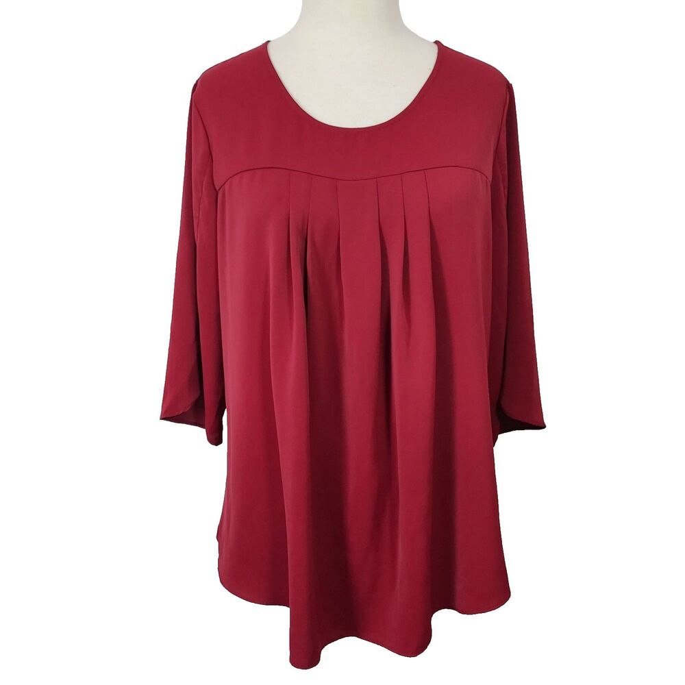 Netsmile Pleated Blouse Top Size Large 3/4 Tulip Sleeve Burgundy Flowy Stretch